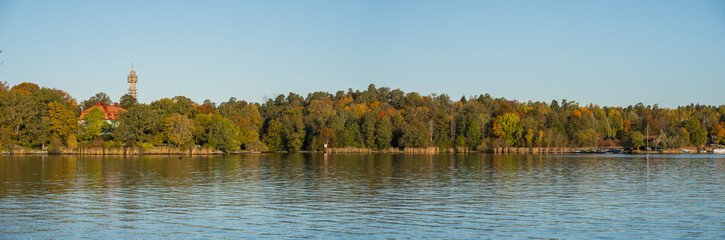 Autumn sea landscape in the inner harbour of Stockholm with ferries and boats.