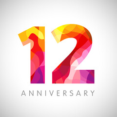 12 th anniversary numbers. 12 years old multicolored logotype. Age congrats, congratulation art idea. Isolated abstract graphic design template. Coloured 1, 2 digits. Up to 12% percent off discount.