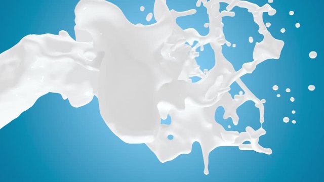 3D render animation of realistic milk splash. Liquid cosmetic splashing on blue background. 4k footage. Green screen.