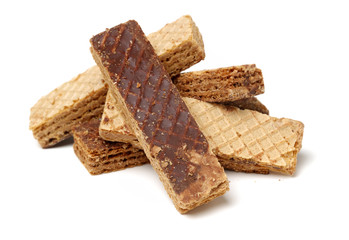 Crunchy chocolate wafers isolated on white background