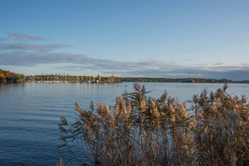 Autumn sea landscape in the inner harbour of Stockholm with ferries and boats.