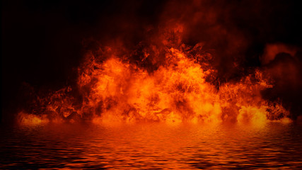 Blaze fire flame texture overlays isolated background with water reflection. © Victor