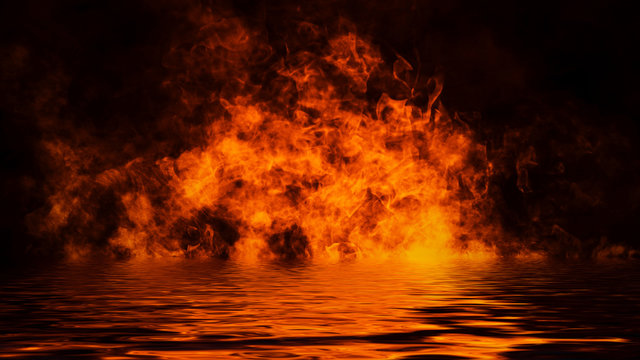 Texture Fire With Reflection In Water. Flames On Isolated Black Background.