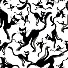 Cats scarred, cartoon characters, black, on white background. Vector seamless pattern.