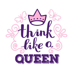 Calligraphic inscription. Pink color handwritten vector lettering with crown, curls and butterfly on white background.