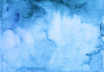 Watercolor deep blue background gradient texture. Aquarelle abstract old cerulean backdrop. Watercolour elegant  template for cards, invitations, blog, banner. Ink stains on textured paper. 