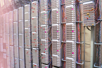 Patch panel ip telephony is installed on the wall of the data center. Center for Analogue Telephone Communication. The telephone switchboard is located in the server room.