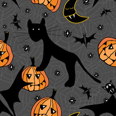 Halloween motif, with kitty, pumpkins, spiders, and bats on dark gray background Vector seamless pattern.