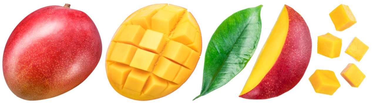 Set of mango fruits and mango slices. Isolated on a white background. Clipping path.