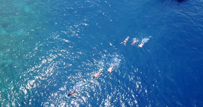 Group of people swimming in  the open sea 