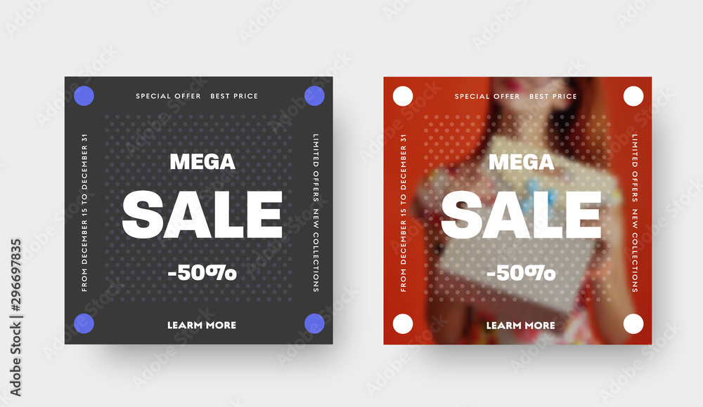 Poster Design of square vector web banners for mega big sale with white circle pattern and place for photo.