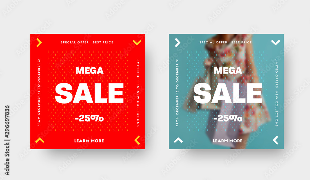 Poster Set of square vector web banners for mega big sale with white arrow patterns and place for photo.