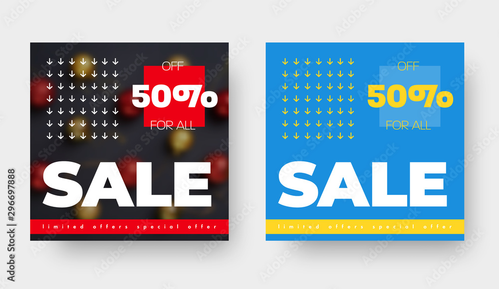 Poster Layout of a square vector black and blue banner for a big sale, with a place for a photo and a pattern of their arrows.