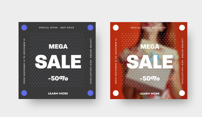 Design of square vector web banners for mega big sale with white circle pattern and place for photo.