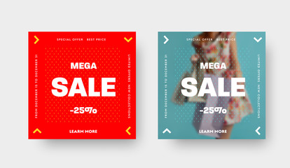 Set of square vector web banners for mega big sale with white arrow patterns and place for photo.