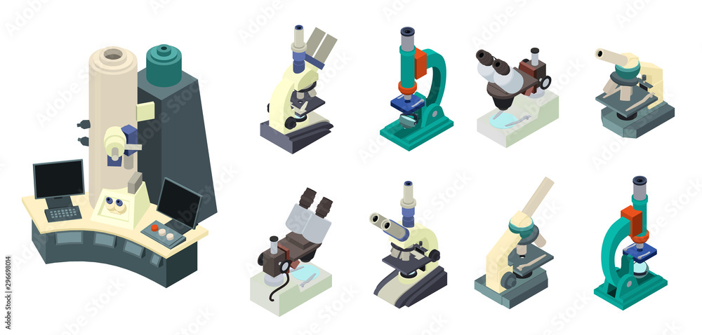 Poster microscope icons set. isometric set of microscope vector icons for web design isolated on white back