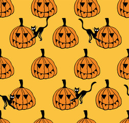 Haloween pumpkins and cats palying, cartoon characters, on yellow background. Vector seamless pattern.