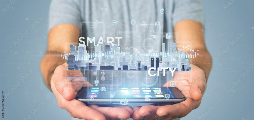 Poster businessman holding smart city user interface with icon, stats and data 3d rendering