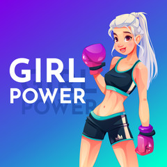 Fototapeta na wymiar Woman in boxing gloves posing in sportswear with crown print on shorts. Girl power concept, sportswoman with athletics muscular body and long blonde hair fitness trainer. Cartoon vector illustration
