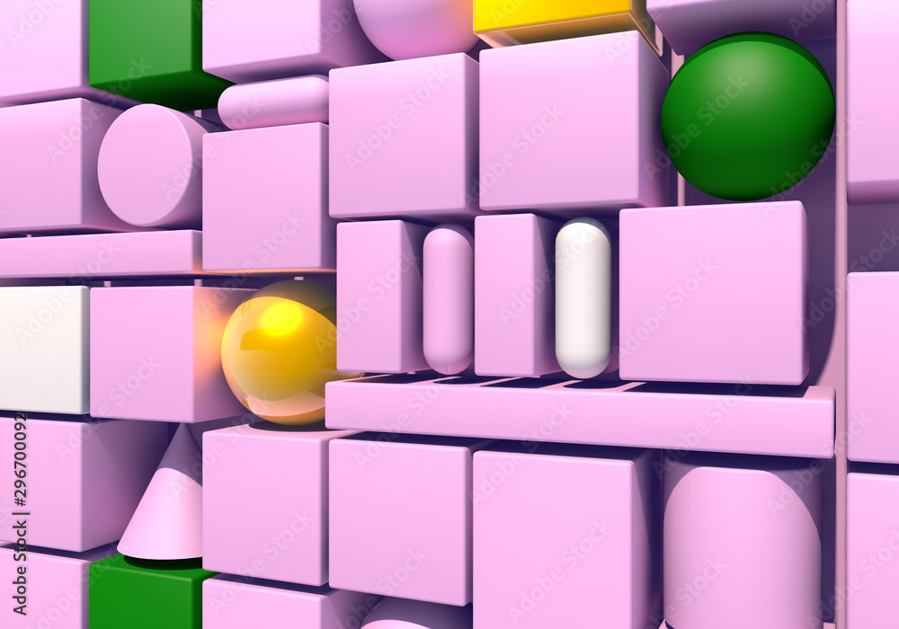Poster abstract background with wall of multiple 3d shapes. 3d illustration
