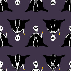 Halloween skeleton, dresed up as dracula, holding candle,  grid, on dark violet background. Vector seamless pattern.