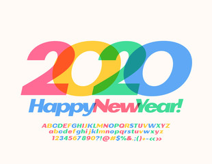 Vector trendy Greeting Card Happy New Year 2020. Transparent colorful Font. Creative Alphabet Letters, Numbers and Symbols