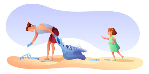 Beach cleaning flat vector illustration