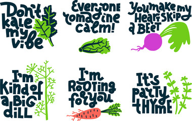 Set of plant jokes about vegetables and herbs, multicolor