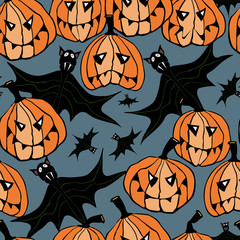 Pumpkins, funny faces, bats, cartoon characters, Halloween motif, on blue background. Vector seamless pattern.