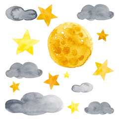 Night sky with moon, stars and clouds watercolor illustration set