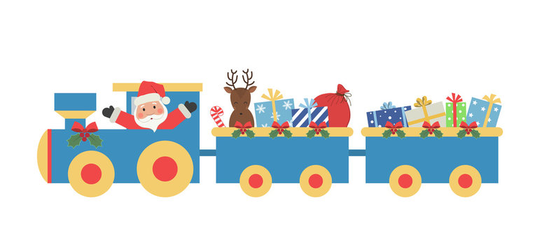Christmas train with gifts. There is also Santa Claus and the deer in the picture. Vector illustration