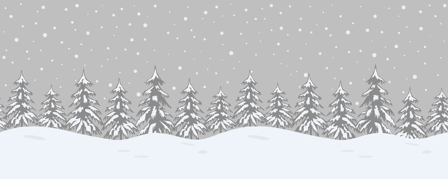 Christmas background. Winter landscape. Seamless border. There are fir trees on a gray background. Vector illustration