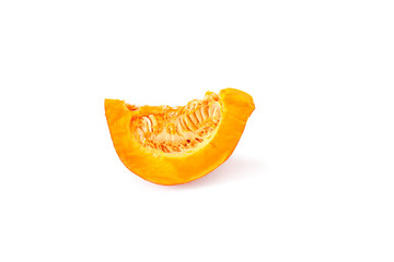 Obraz na płótnie Canvas One cut piece of ripe orange pumpkin with seeds close-up isolated on a white background.