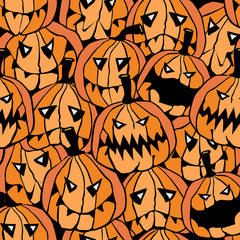 Pumpkins, halloween crowd, cartoon characters. Vector seamless pattern.