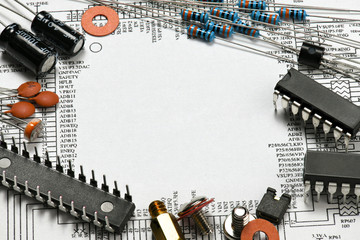 white blank space and closeup of electronic components, unit, part, circuit diagram, computer...