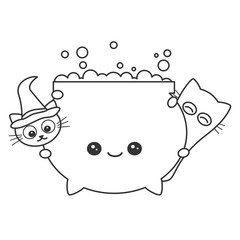 cute cartoon black and white halloween vector illustration with witch cauldron and funny cats for coloring art