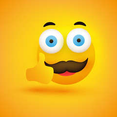 Smiling Emoji - Simple Happy Emoticon with Pop Out Eyes and Mustache Showing Thumbs Up - Vector Design