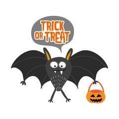Trick or treat bat with pumpkin bag - Halloween lettering labels design. Retro badge. Hand drawn isolated emblem with quote. Halloween party sign/logo. scrap booking, posters, greeting cards, banners.
