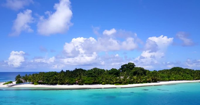 Tropical island with palms background. aerial drone tilting up shot with copy space