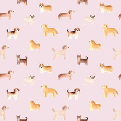 Seamless pattern. Hand drawn watercolor dogs. Painted collection Illustration