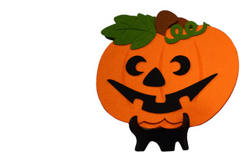 Jack O Lanterns pumpkin isolated on white background. Crafts made of felt, Halloween pumpkin. Hello autumn and Halloween concept.