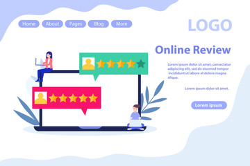 Customer reviews, giving feedback web page.Flat vector illustration isolated on white background. Can use for web banner, infographics, web page.
