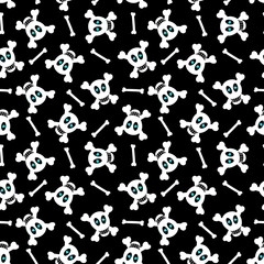 White skulls smiling and bones on black background. Vector seamless pattern.