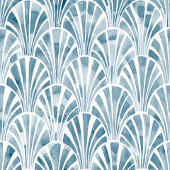 Seamless watercolor pattern. Seigaiha wave ornament. Japanese style print. Vector illustration.