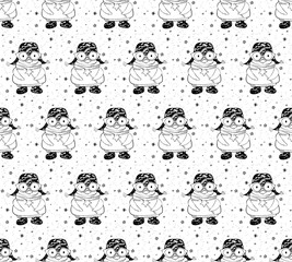 Obraz premium Seamless pattern cute cartoon penguin in winter clothes with a magic wand. Winter background on Christmas and New year theme. Drawn black and white art line in vector.