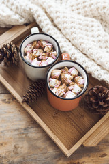 Blanket near tray with hot chocolate and cones