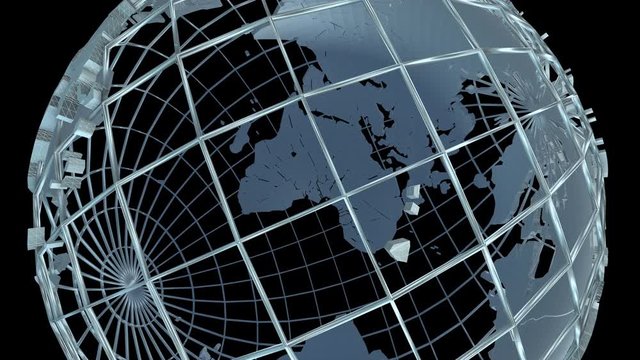 Seamless 4K animation of low poly rotating metal earth globe with black background. Seamless metal retro futuristic animation 