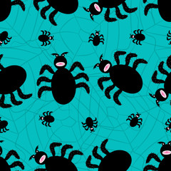 Spiders, funny cartoon characters, on vivid blue background. Vector seamless pattern.