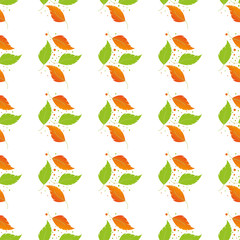 Vector seamless watercolor pattern with fall colorful leaves, flowers and dots on white background. Cute floral print with leaves for autumn decor and fall fashion