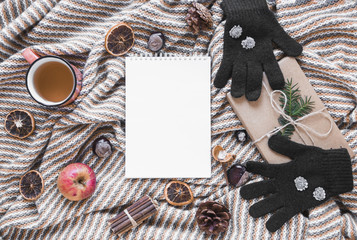Gloves and tea near present and notebook